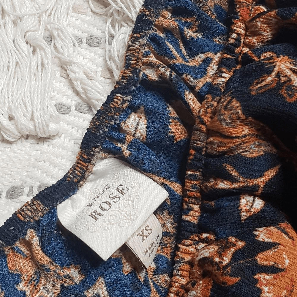 Off The Shoulder Ruffle Peasant Blouse - Deep Navy Sepia Flowers - XS - Picture 6 of 9